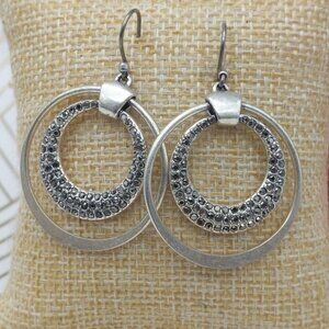Silver Tone Double Hoop Earrings Marcasite Chip Hook Style 1.25"